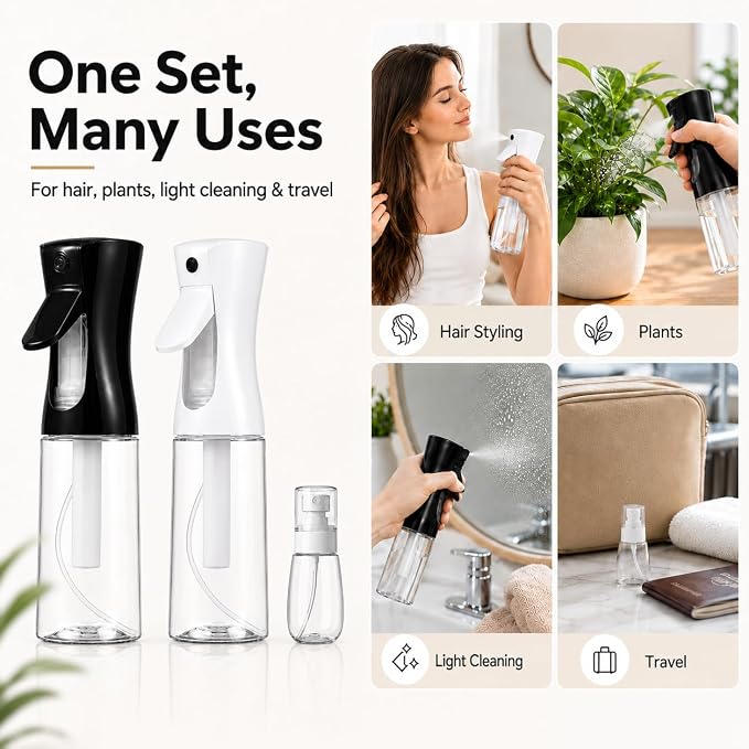 3 Pack Spray Bottles, Continuous Mist Sprayer, Water Spray Bottle for Hair, Hair Mister, 200ml x2 + 30ml Refillable Fine Mist Set - for Styling, Plants, Cleaning & Home Use (Black & White)