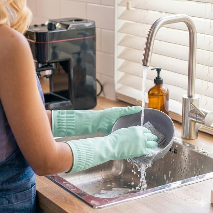 Rubber Dishwashing Gloves, Reusable Cleaning Gloves with Long Cuffs