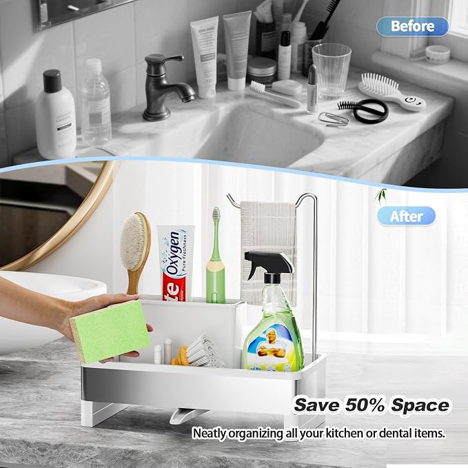 Ewaiira Sponge Holder for Kitchen Sink, Stainless Steel Sink Caddy | with Brush Holder & Dishcloth Rack, Countertop Sink Organizer, Soap Dispenser Kitchen Organizers Storage (E-White 9.8″)