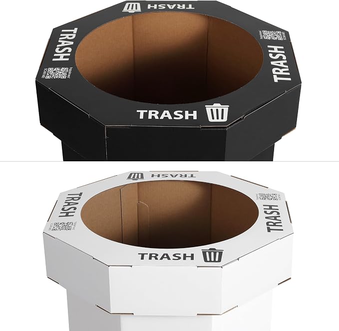 happimess Fleur 25 Gal Trash Can Bin, Charcoal Black/Cotton White, Set of 2 | Event Recycling, Traditional Classic Disposable Corrugated Cardboard, 32" Height, 16" Width, 16" Depth