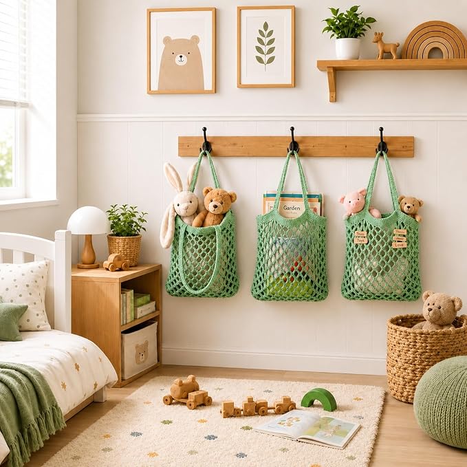 3 Hanging Baskets,Sage Green,Mesh,Cotton Rope | Wicker Wall Baskets with Hooks for Fruit Vegetable Onion Storage, Teardrop Organizer for Kitchen, Boho Farmhouse Decor
