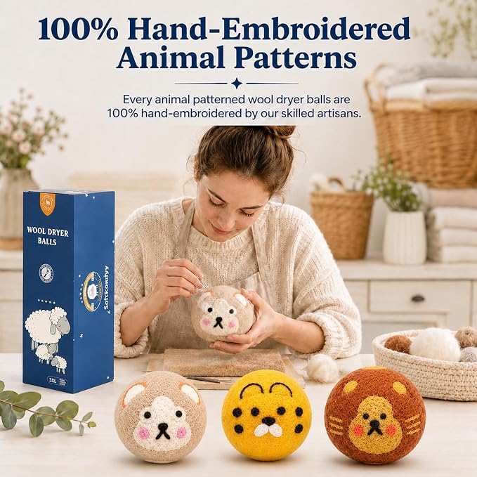 Wool Dryer Balls Handmade 3 Pack XL, Laundry Dryer Balls,100% New Zealand Wool Natural Fabric Softener,Reusable 1000 Loads,Wrinkles Free, Shorten Drying Time,Baby Safe (3 Pack XL,Zoo Friends) | 100% Hand-Embroidered