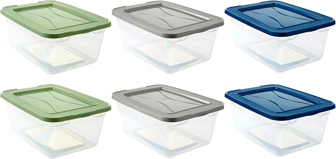 Small Spaces Clear Storage Bins with Lids, 6 Pack, Stackable Small Plastic Containers for Organization and Storage, Great for Home or Office, 2 Quart Clear Bins with Assorted Lids