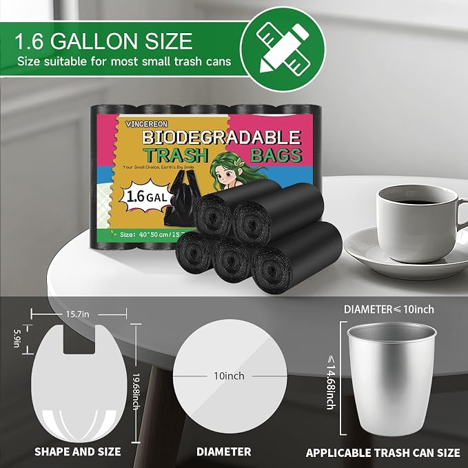 1.6 Gallon Small Trash Bags Bathroom Black, Mini Garbage Bags with Handles,（Fit 1.3-1.5Gal）6 Liter Unscented Wastebasket Liners for Car Office Kitchen, Biodegradable, 100 Count