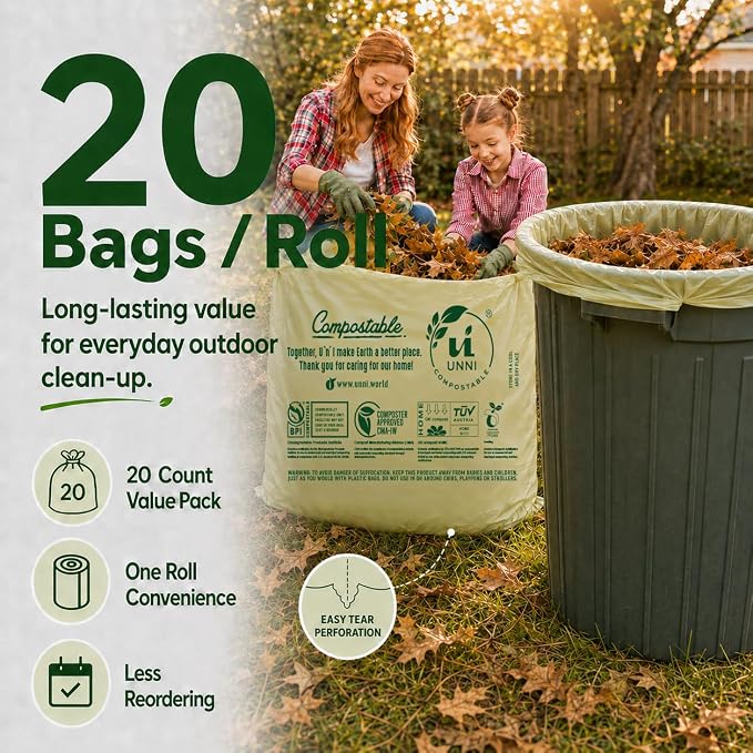 UNNI 30-33 Gallon Compostable Bags, 20 Count, 124 L, Extra Thick 1.1 Mil | Large Compost Bags for Lawn, Leaf & Yard Waste & Kitchen Organics, Certified by BPI, CMA & OK compost HOME, Meets ASTM D6400