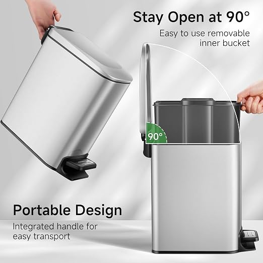 TIPGO Small Bathroom Trash Can with Lid, 1.6 Gal, Soft Close, Silver | Foot Pedal, Soft Quiet Lid, 5.9'' Slim for Narrow Space, Stainless Steel, Anti-fingerprint, Removable Inner Bucket, Odor Seal