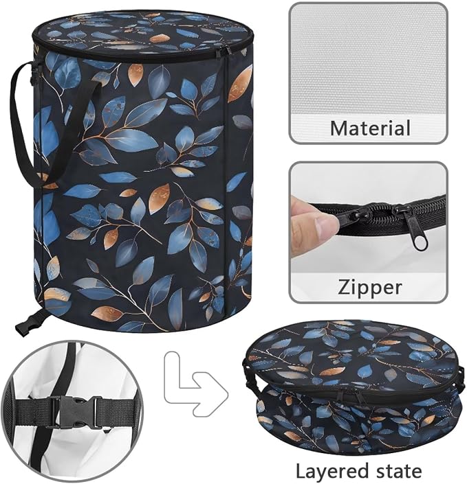 Vintage Blue Leaf Print 24 Gallon Camping Waster Bags with Lid and Handles Reusable Lawn Garden Bags Collapsible Trash Can for Outdoor Picnics Yard