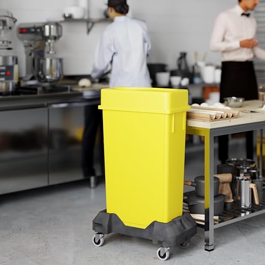 23 Gallon Yellow Rectangular Slim Trash Can with Drop Shot Lid and Dolly | Great for Home, Commercial, or Restaurant Use.