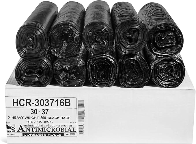 Aluf Plastics 30 Gal Black Trash Bags, 16 Micron (EQ.), 30" x 37" (500 Pk)