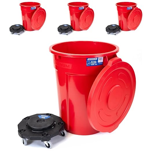 Magnum Red 55 Gallon Trash Can Set (Trash Can, Quiet Dolly, and Reinforced Lid), Construction Grade, Jobsite Ready, Non-Marking Wheels & Casters for Rolling Garbage CMTC-CLD0-55R04 (4 Set)