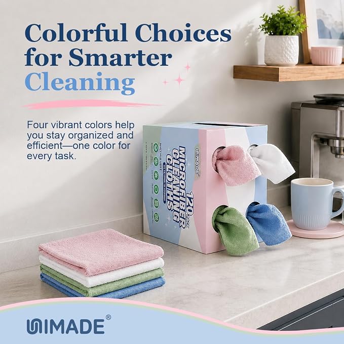 Microfiber Cleaning Cloth, 120 Pack Microfiber Towels for Cars | Reusable Paper Towels Lint Free Shop Rags with for Home Kitchen Automotive, 11"x 9", White & Green & Blue & Pink