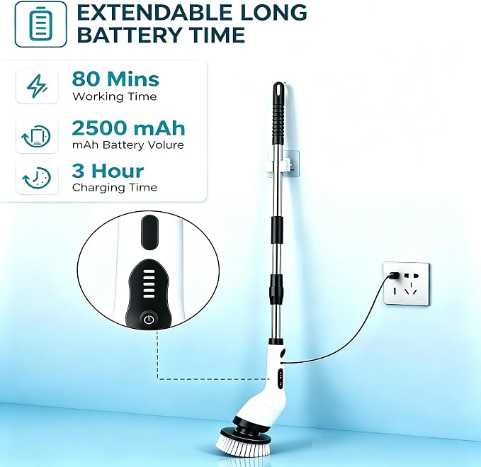 Electric Spin Scrubber, Cordless Cleaning Brush Scrubber with 9 Replaceable Brush Heads-3 Adjustable Size, 2 Speeds for Bathroom Bathtub Kitchen Tile Floors