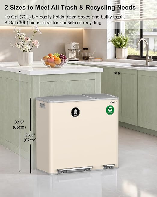 Dual Trash and Recycling Bins for Kitchen, 19+8 Gallon (72+30L) Stainless Steel Trash and Recycle Bin Combo with Soft-Close Lid, Large Garbage Cans for Kitchen Home with 2 Magnets Sticker, Apricot