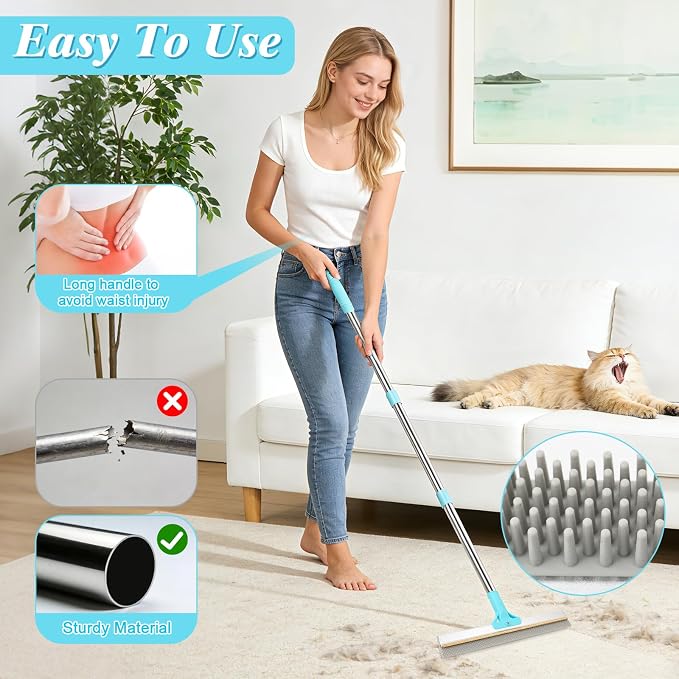 Carpet Rake for Pet Hair Removal, 4 in 1 Reusable Pet Hair Remover Tool | 23-54" Adjustable Rubber Broom, Silicone Grooming Glove, Magic Brush and Scraper for Dog Cat Hair, Rugs, Mats, Sofa