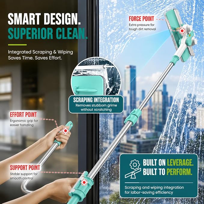 ORIXA U Shaped Window Cleaner for Outside Windows, Extendable Telescopic Pole with Rotatable Squeegee Head, Clean Exterior Glass from Inside, 2 Reusable Microfiber Cloths