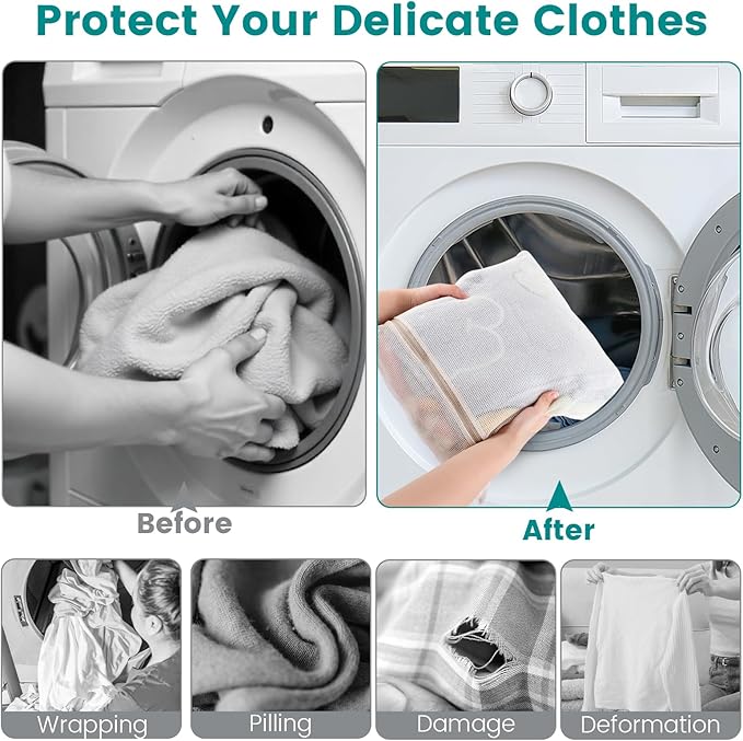 4 Pack Durable Cotton Mesh Laundry Bags for Delicates - 12×16inch Laundry Bags Mesh Wash Bags with Sturdy Zipper for Underwear Bras Socks Clothes Storage Natural Cotton Washing Machine Safe