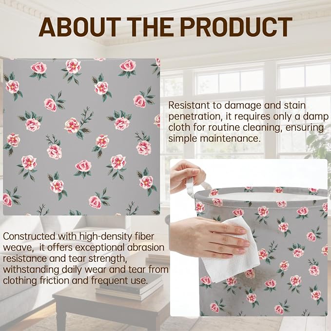 Pink Rose Kids Laundry Basket Foldable Hamper with Handles | Laundry Hamper Cute Nursery Storage Bin Baby Hamper for Girls Boys Bedroom Dorm Laundry Room Collapsible Toy Organizer