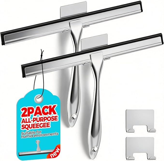 2pcs Shower Squeegee for Glass Doors with Adhesive Hanging Hook Set | 12” Silver, Bathroom Accessories, Window Cleaner, New Home Essentials, Soft Rubber Blade, Metal Handle, Ergonomic Grip