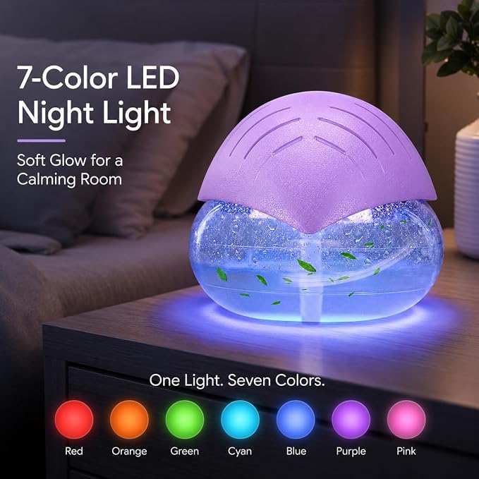 Air freshener (Purple) - for Home, Bedroom and Office - Essential Oil Aroma Diffuser with LED Coloured Night Light with Soothing Water Flow Sound - Water Filtered air Purifier for Pets and Smokers.