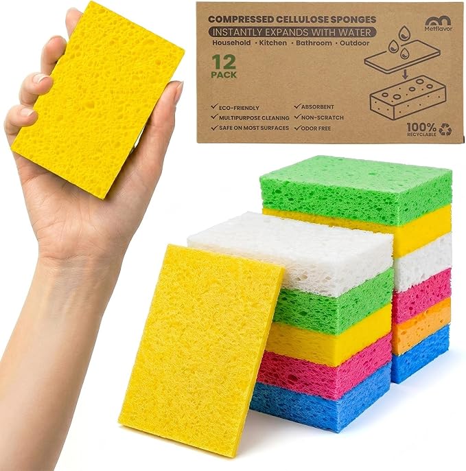 Metflavor Compressed Kitchen Sponges, 12 Count, Thick Pop-up Dish Sponges | Non-Scratch, Biodegradable & Compostable, 5" x 3" x 1"