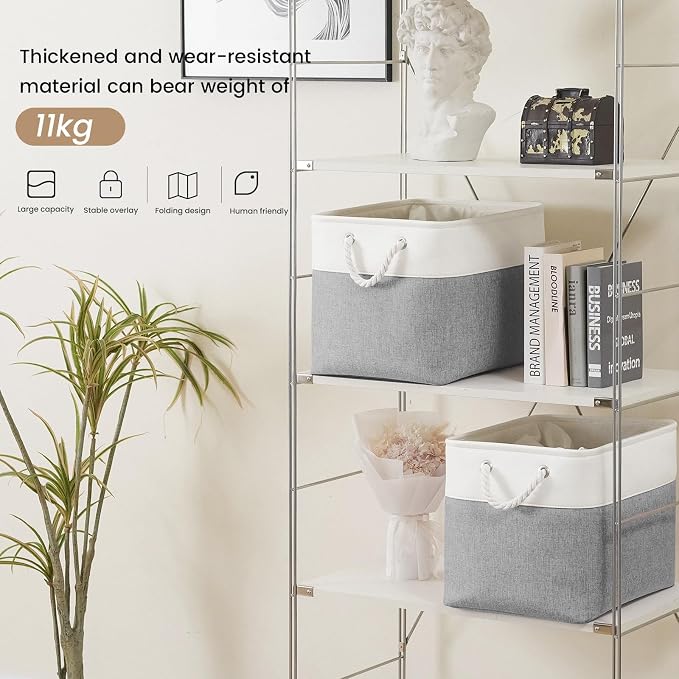15x11x10 In Foldable Fabric Large Storage Bins with Handle 6 Pack | Organizer Baskets, Sturdy Metal Strand, Cardboard Support Molding, Storage Baskets for Shelves, Closet, Bedroom, White/Gray