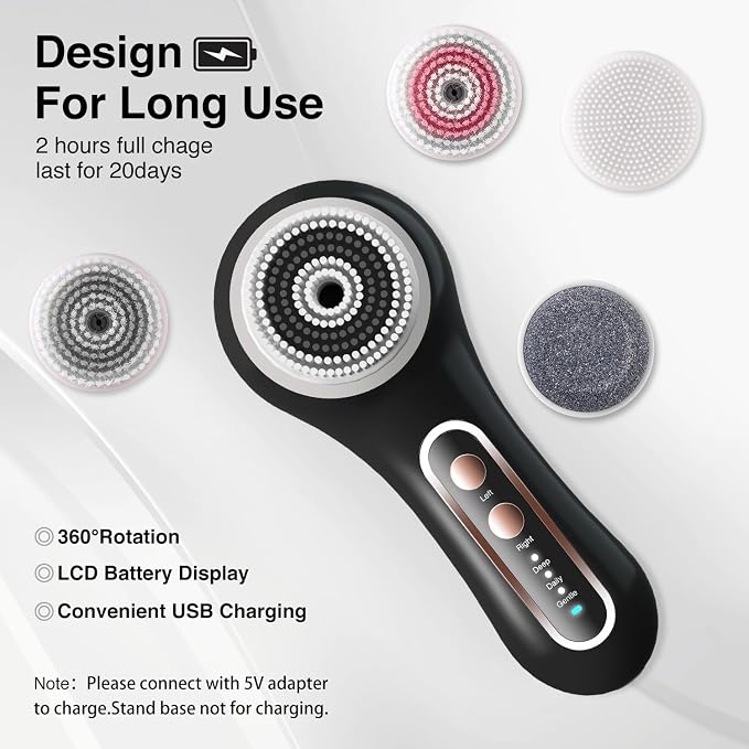 UMICKOO Rechargeable Rotating Face Scrubber with 5 Brush Heads Set | IPX7 Waterproof for Shower，2-Way Rotating Face brush for Daily & Deep Cleaning, lasts for 30 days after charging