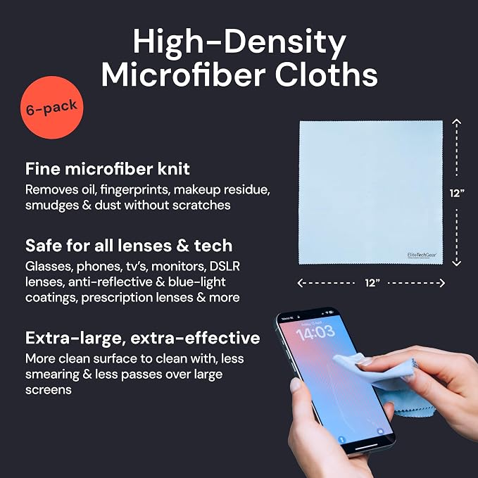 Elite Tech Gear Microfiber Cleaning Cloth, Eye Glasses Cleaner Cloth, 6pc | 1pc 12"x12" - 5pc 6"x7" Lens Cleaning Cloths - Eyeglass, Camera, Sunglasses & Screen Cleaning Cloth - Washable Wipes - Blue