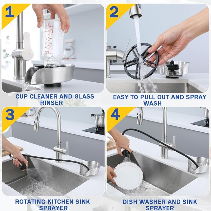 Glass Rinser and Cup Washer for Sink, 360° Rotating Spray Nozzle with Pull-Out Design, Bottle Cleaner - Tilted Base Prevents Splashing, Kitchen Sink Accessories for Home & Bar (Easy Install-Black)