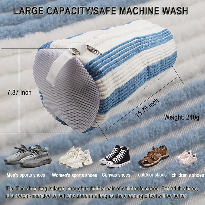 Shoe Washing Machine Bag,Blue and white stripes Mesh Shoe Washing Bag for Washing Machine - Large Size Fits various Shoes, Chenille Fabric Protection, Zipper Laundry Bag for Sneakers (2 Pcs)