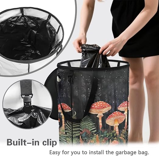 BIGCARJOB Mushroom Print Big Trash Can with Lid, 22.83x17.71, Outdoor Recycling Bin Large Trash Can Outdoor Garbage Storage Bag for Outside Camping Travel Beach