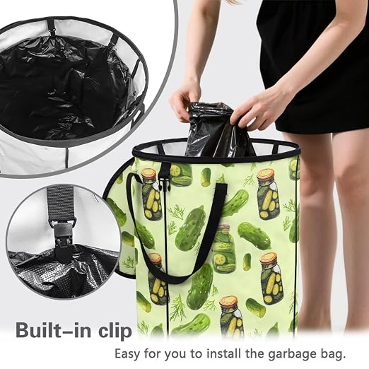 BIGCARJOB Pickled Cucumber Portable Trash Can Large Folding Big Trash Can with Lid Storage Bag Pop Up Trash Cans for Parties, 22.83x17.71 in