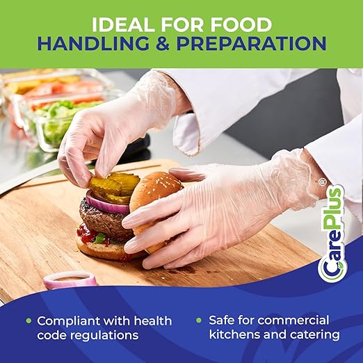 CARE PLUS Vinyl Gloves Clear Large, Disposable Latex Free, 100 Count | Powder free exam grade protection for food service, salons & housekeeping; ambidextrous, tear resistant, comfortable fit