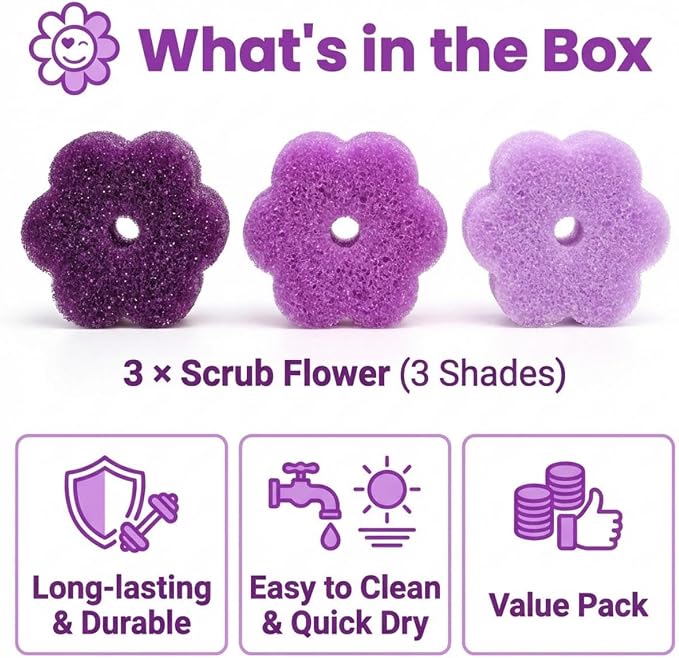 Scrub Flower Sponges, Temperature Sensitive, Non-Scratch, 3 Count | Firm when cold and soft when warm, these odor-resistant scrubbers clean dishes, kitchen surfaces and more.