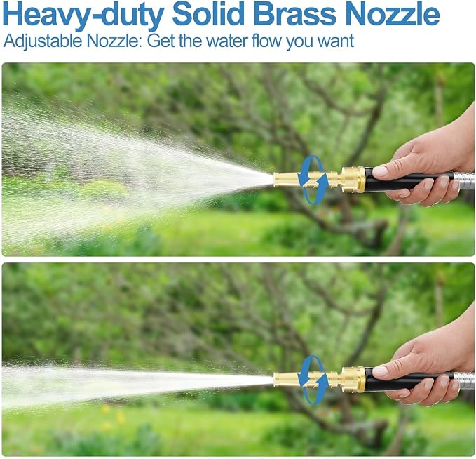 SPECILITE 75ft 304 Stainless Steel Metal Garden Hose with Rubber Grip | Adjustable Brass Nozzle, 3/4" Solid Brass Connectors, Flexible, Puncture Resistant, Non-Expandable for Yard Outdoor Lawn