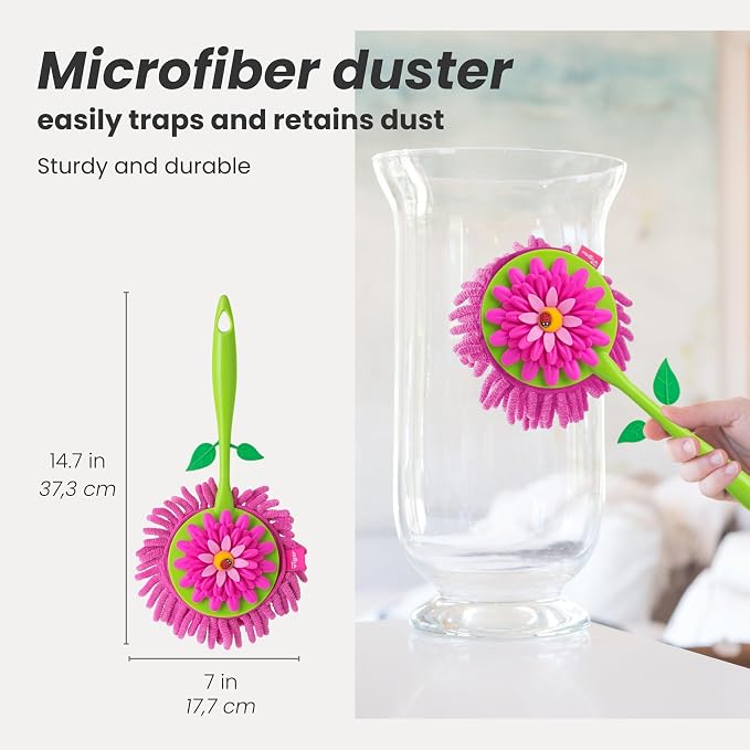 Vigar Flower Power Microfiber Duster with Non-Slip Handle | Washable Reusable Duster Head, Dust Cloth for Furniture and Delicate Surfaces, Lightweight and Compact, Home Cleaning