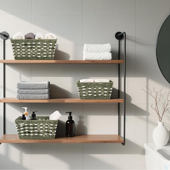 OIAHOMY Wicker Storage Baskets, Paper Rope Shelf Bins, Decortive Baskets for Organizing, Set of 3-Green & White