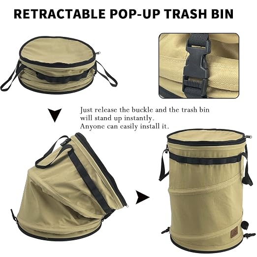 Sutekus Pop Up Storage Bin Collapsible Trash Can Recycle Container Reusable Utility Bag with Zippered Lid for Camping, Laundry, Garden (Khaki Color)