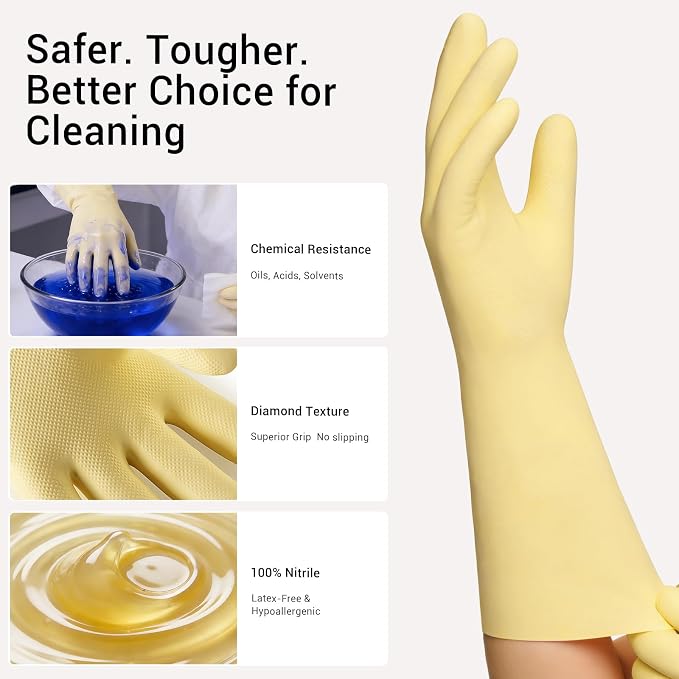ThxToms 2 Pair Nitrile Dishwashing Cleaning Gloves,with Cotton Flocked Liner,Skin-Friendly & Anti-Slip Design,Y&P