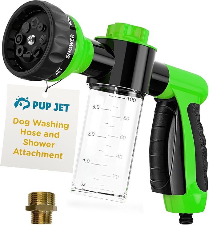 The Original Pup Jet Dog Washing Hose Attachment with Soap Dispenser | 8-in-1 Fur Sweep Shower Attachment & Shampoo Sprayer for Dog Wash, Bath and Grooming, Perfect Pet Care Indoor Outdoor