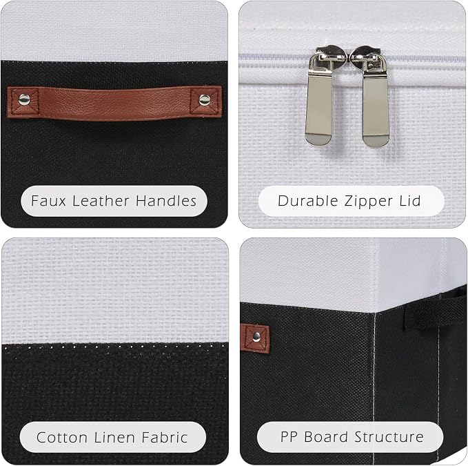 Storage Bins with Zipper Lids Decorative Lidded Baskets Boxes | Clothes Container, Closet Shelf Organizer, Foldable Washable, Cotton Linen Fabric, w/ PU Leather Handles, Black White, Large