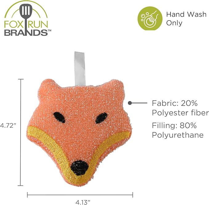 Fox Run Woodland Animal Sponge Set, Non-Abrasive Fox, Owl & Bear Scrubbers | Easily Clean Plates, Pots & Glasses | Dish Sponges For Nonstick Pans | Cute Kitchen Décor | Reusable Animal Scrub Sponge Set
