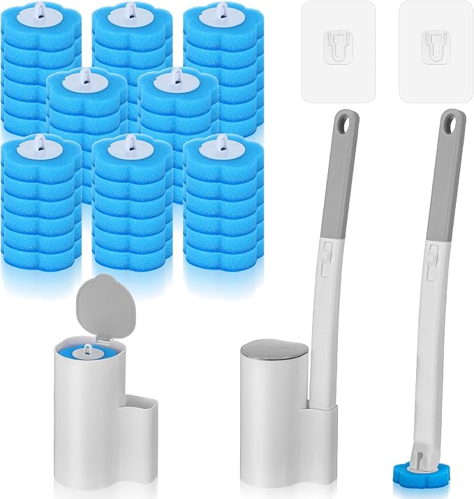 Ptwola 2 Pack Disposable Toilet Brush Holder Set Wall Mounted Extended Handle Toilet Bowl Cleaning Wand Stick Kit with 48 Refills Replacement Heads Pads for Bathroom Bathtub Deep Cleaners Maintenance