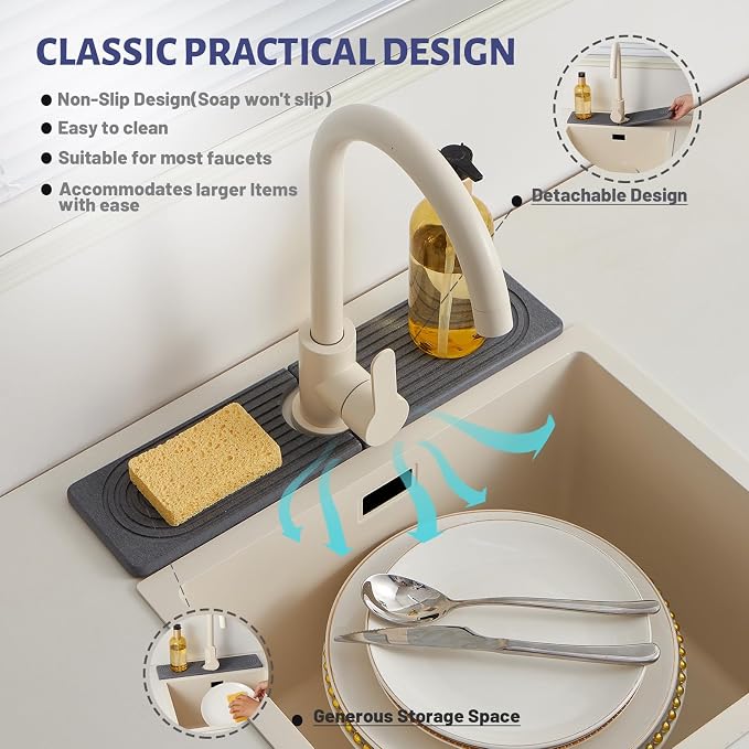 Stone Faucet Mat for Kitchen Sink, Faucet Mat Fast Drying Diatomite | Sink Splash Guard Water Absorbing Stone Tray for Sink, Counter Protector Matt for Kitchen & Bathroom