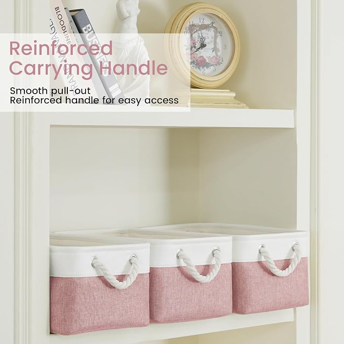 13.8x9.8x6.7 Inch Fabric Small Storage Bins with Handles 3 Pack | Foldable Storage Basket, Sturdy Metal Strand, Cardboard Support Molding, Small Baskets for Organizing, Shelves, White/Pink
