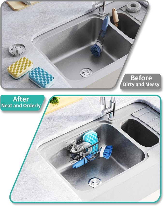 HapiRm Multifunctional Sponge Holder with Unique M-Shaped, 2 Installation Methods Kitchen Sink Caddy Organizer, Rustproof Stainless Steel Kitchen Organizers and Storage Essentials - Black (Pack of 2)