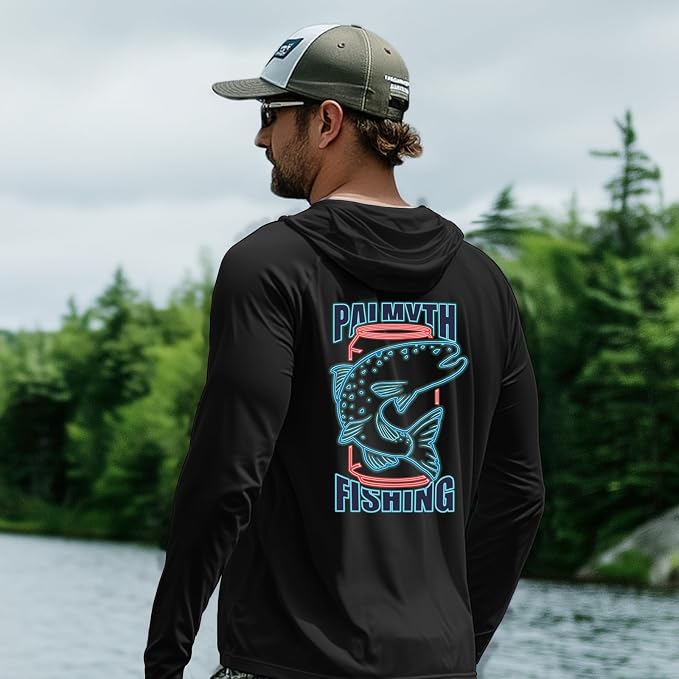 Palmyth Men's Fishing Hoodie UPF 50+ Long Sleeve with Face Mask Neck Gaiter | Zipper Pocket, Thumb Loops, Quick-Dry, Side Mesh Panels, Lens Cleaning Cloth