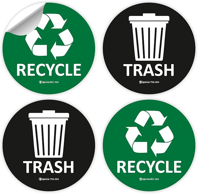 IGNIXIA (Pack of 04) Recycle & Trash Stickers Indoor & Outdoor Trash Bin Decals Recycle & Trash Symbols Sticker 4 X 4 Inches Self Adhesive Peel & Stick (Green/Black)