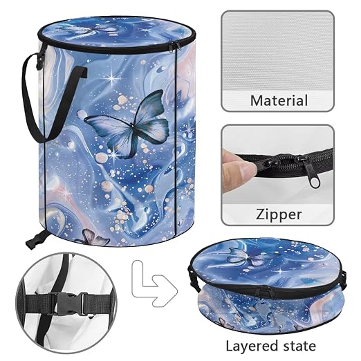 doginthehole Blue Marble Butterfly Collapsible Trash Can Pop Up Camper Trash Can with Lid, 22.83x17.71, Waterproof Bag Outdoor Garbage Bin Storage Accessories, 23 Gallons
