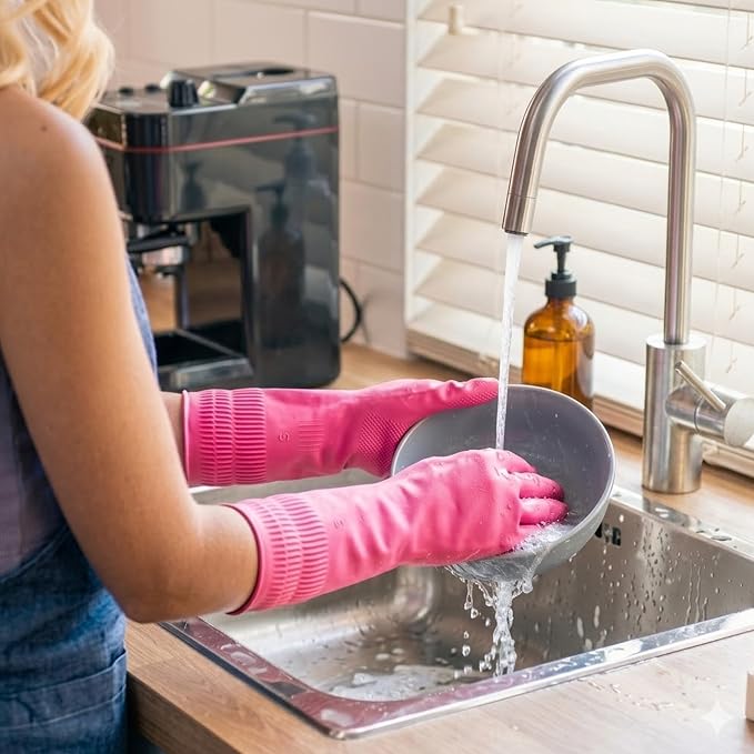 Rubber Dishwashing Gloves, Reusable Cleaning Gloves with Long Cuffs