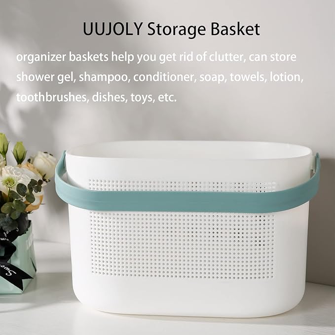 Plastic Portable Shower Caddy Basket, Storage Organizer with Handle, Green | Bottom Drain Holes, Keep Dry, Sturdy and Durable, Easy to Carry for Bathroom, Kitchen, Dorm Room, RV, College